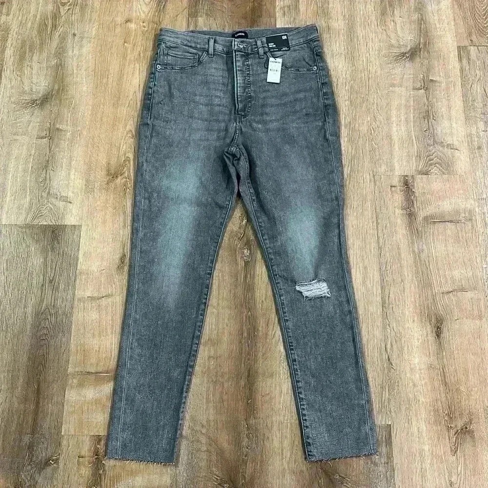 EXPRESS | NWT Women's Gray Distressed Raw Hem High Rise Skinny Jeans, Size 10R